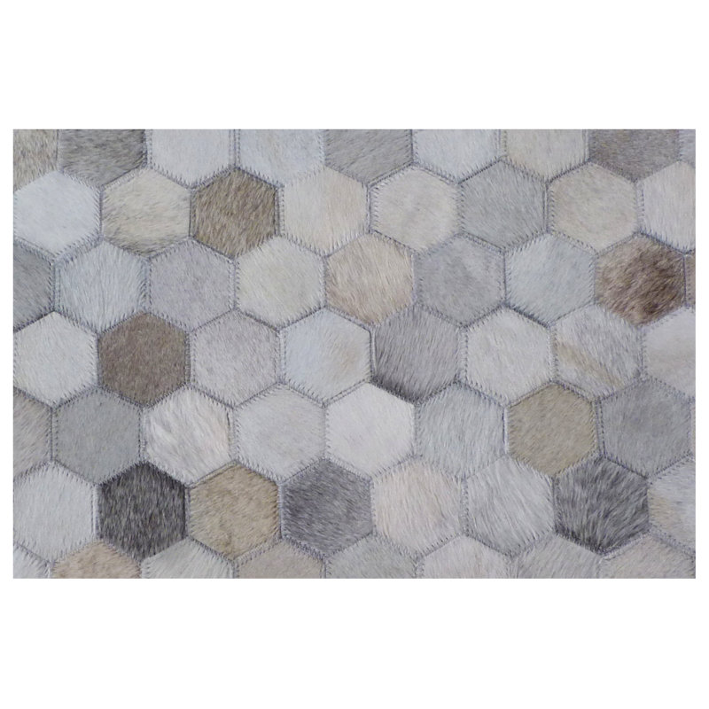 Mosaic Leather Cowhide Geometric Area Rug in Silver, Rectangle 11'6" x 14'6"