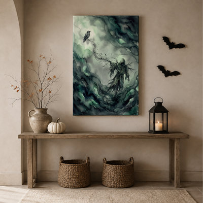 Créature à capuchon sur branche avec corbeau noir et toile murale verte pour l'Halloween