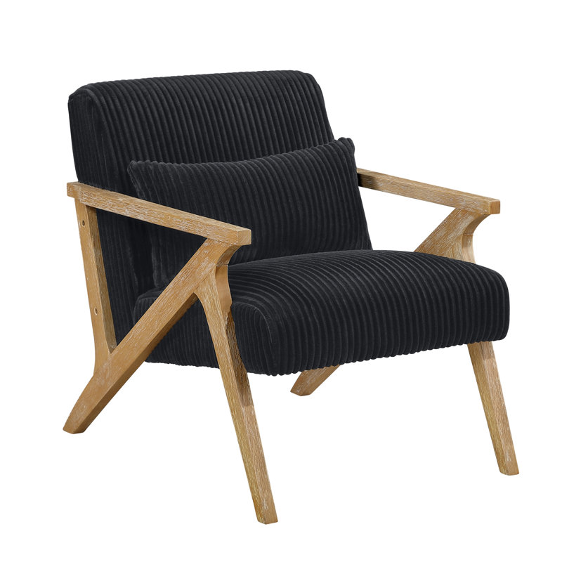 Fauteuil d'appoint moderne recouvert de velours côtelé noir, structure en bois d'hévéa massif, siège et coussin en mousse pour le salon avec coussin moelleux.