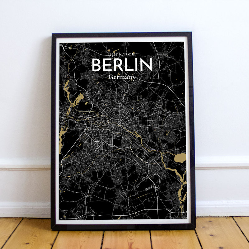 Berlin City Map - Unframed Graphic Art Print on Paper, 50.8cm H x 40.6cm W x 0.13cm D, Gold/White