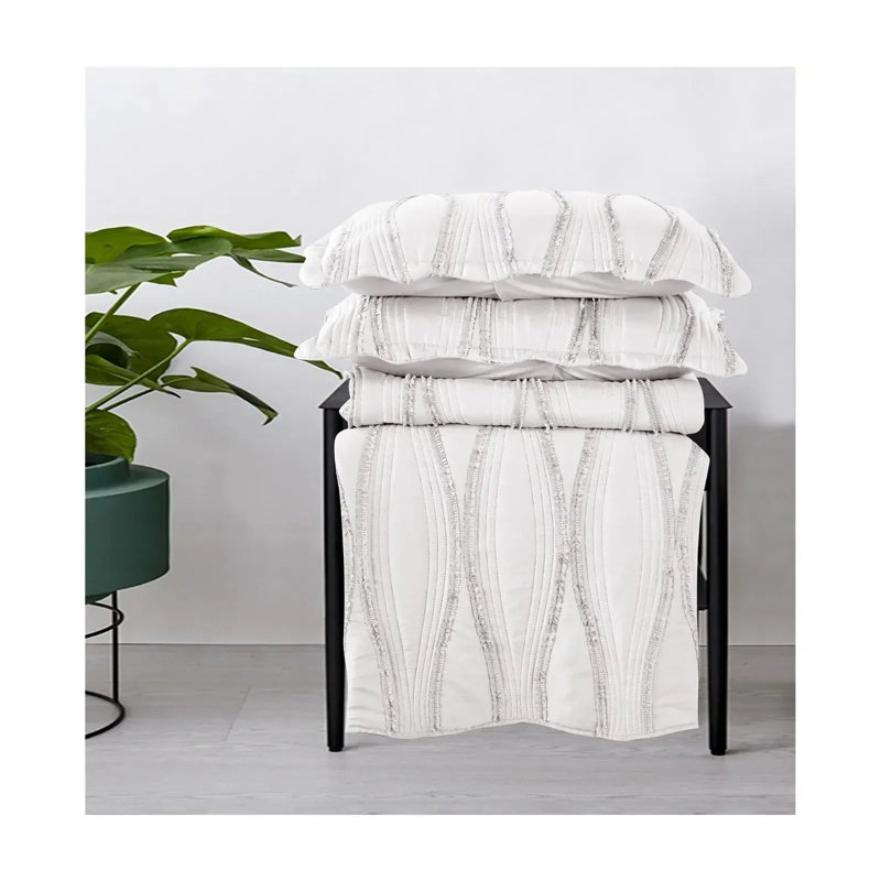 3 Piece Quilted Bedspread Bed Throw Embossed Bedding Set Single Double, King Bedspread + 2 Standard Pillowcases, White