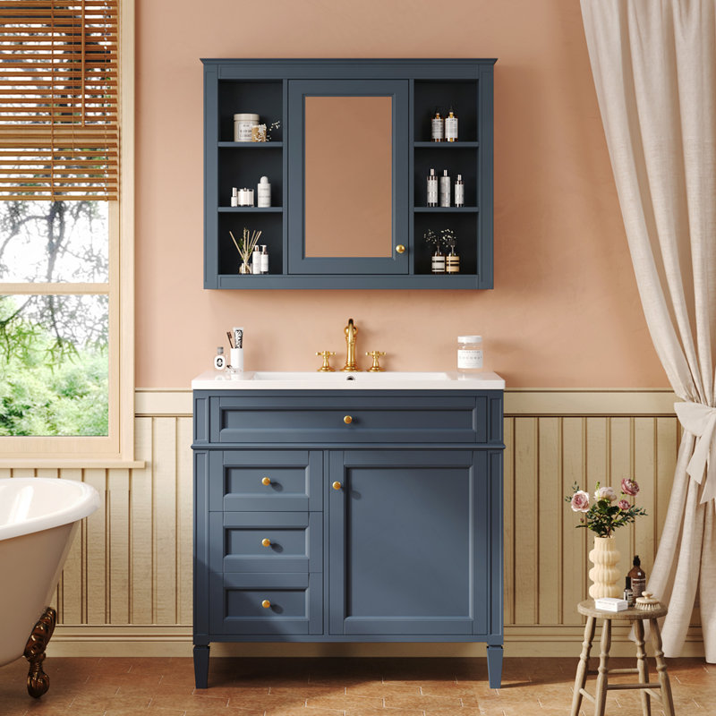 Meuble-lavabo 36 po avec armoire à pharmacie, armoire de rangement moderne avec 2 portes à fermeture douce et 4 tiroirs, meuble-lavabo simple