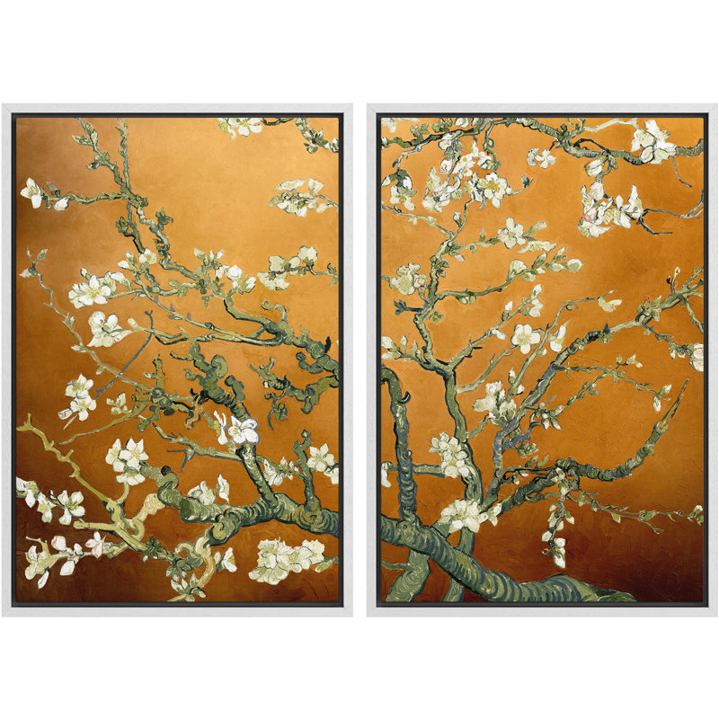«Amandier en fleurs» par Vincent van Gogh, H 24 po x l 32 po x P 1,5 po, Ambre brûlé, Cadre blanc