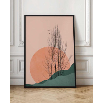 Abstract Nature Poster – Sunrise Hills & Bare Trees Art Print