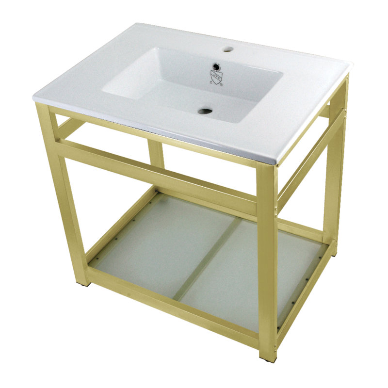 Lavabo de salle de bain rectangulaire en céramique avec trop-plein Quadras, Blanc / laiton brossé, Simple