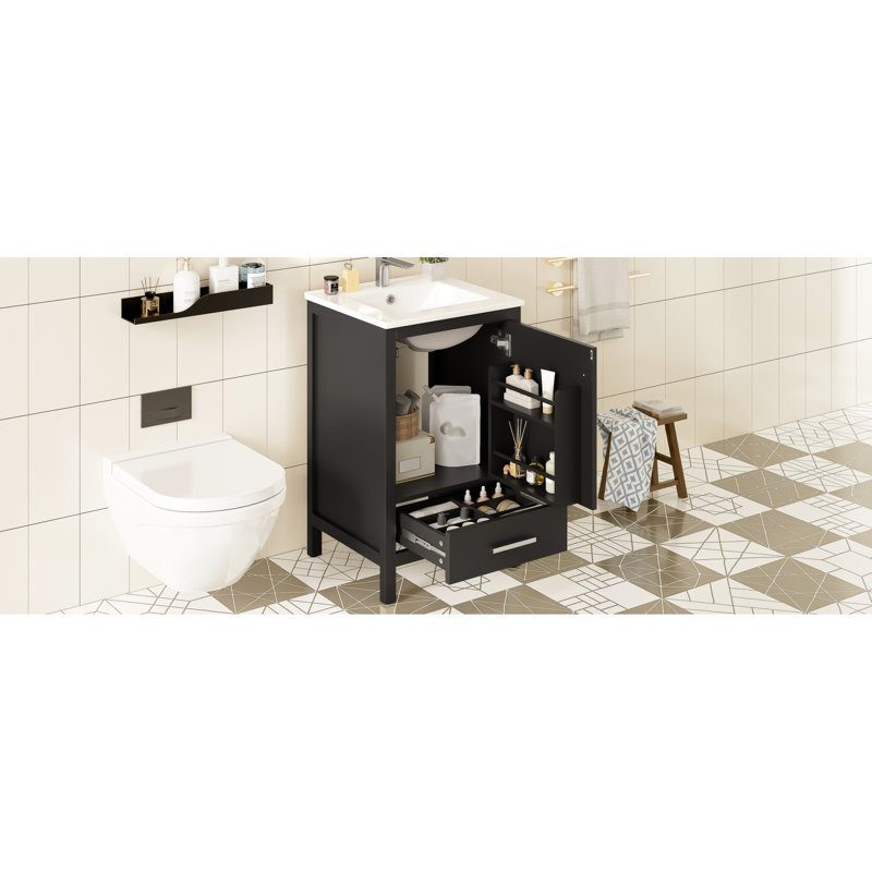 Meuble-lavabo compact de 20 pouces avec lavabo en céramique, tiroir à fermeture en douceur et structure de porte en bois massif à double couche, portes, support pour un rangement efficace