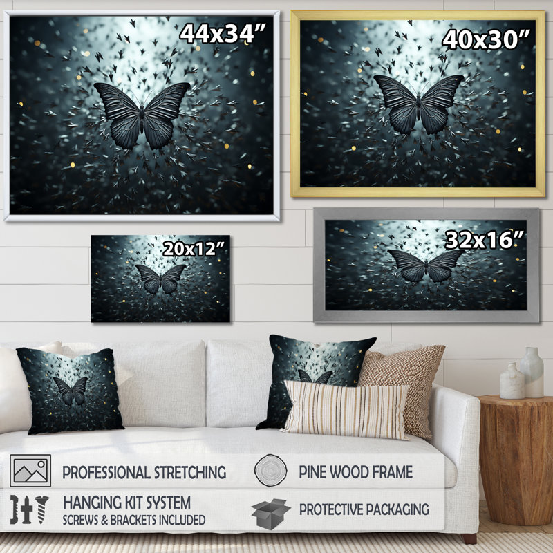 Tons gris anthracite profonds représentant des papillons I sur toile, Cadre simple noir, H 34 po x l 44 po x P 1,5 po
