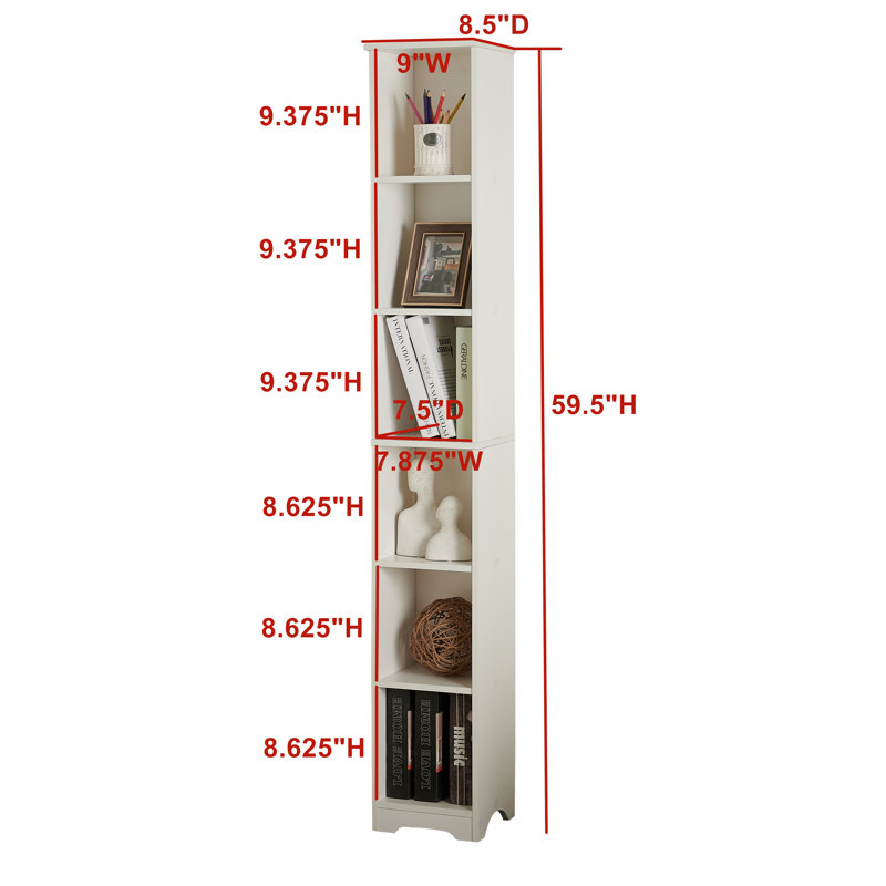 Auzie 6 -Tier Tall Narrow Storage Shelves Media Bookcase, Slim Freestanding Bookshelf, Perfect for Home Office and Living Room Storage