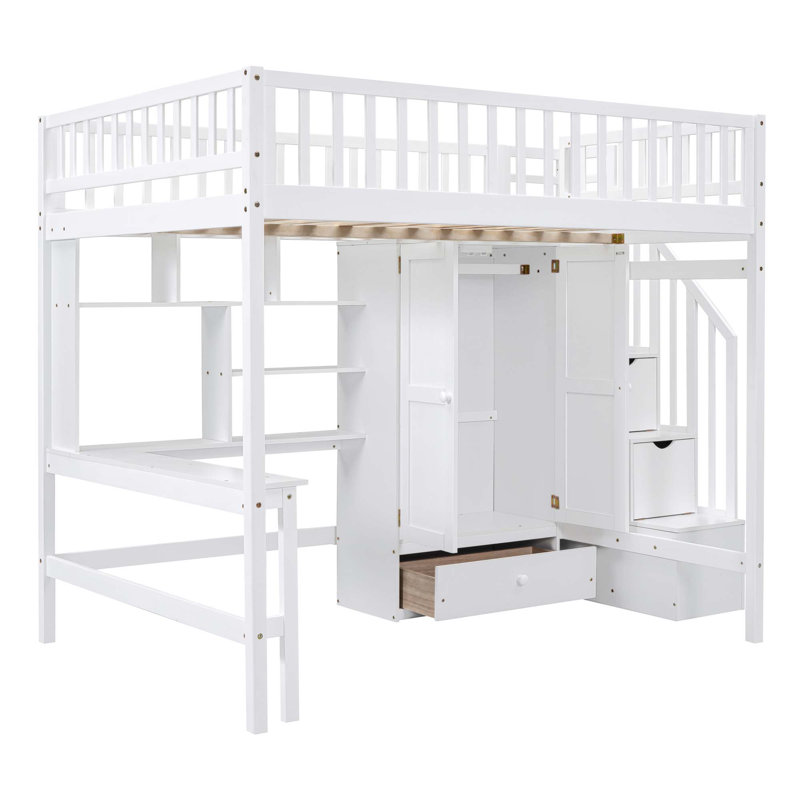 Lit mezzanine avec bibliothèque, tiroirs, bureau et garde-robe, Double / double, Blanc
