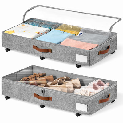 6 Inches Under Bed Storage With Wheels Pack Of 2, Underbed Shoe Storage Container Bin With Clear Lid Cover, Rolling Under Bed Drawer Bag Basket, Grey