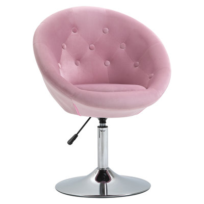 Modern Makeup Vanity Chair Round Tufted Swivel Accent Chair with Chrome Frame Height Adjustable for Living Room, Bedroom Pink, Size 26L x 23.5W x 38.5H inches, Material Steel