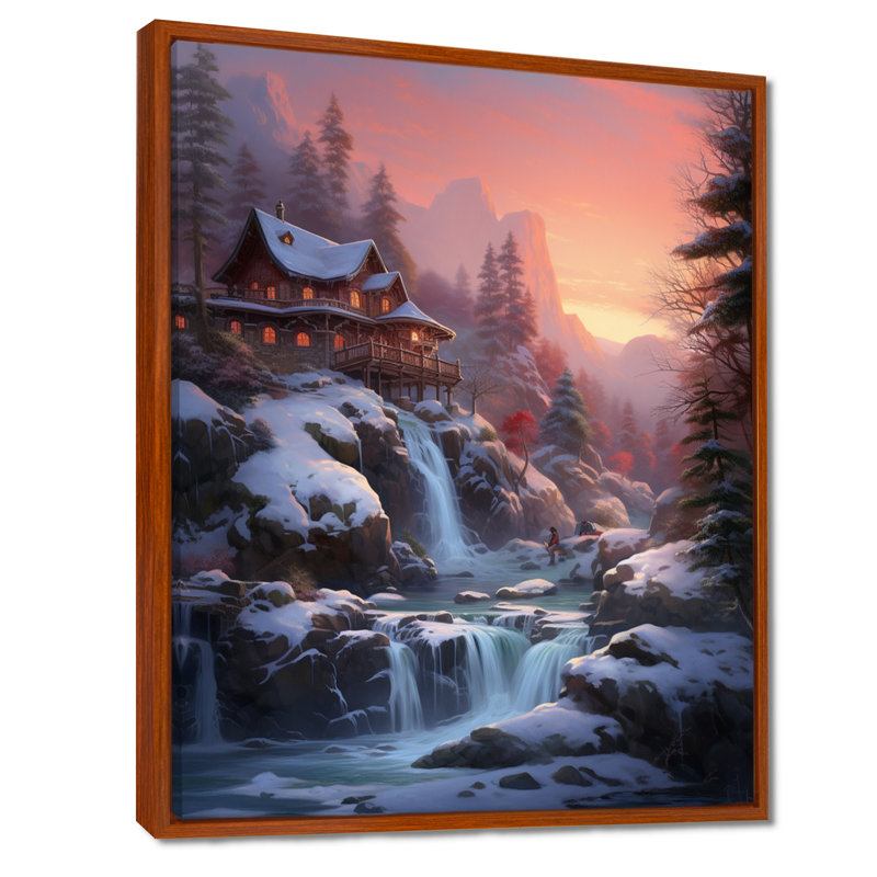 Décoration de Noël cascade rivière enneigée, cascade de Noël, H 32 po x l 16 po x P 1 po, Toile avec cadre flottant brun