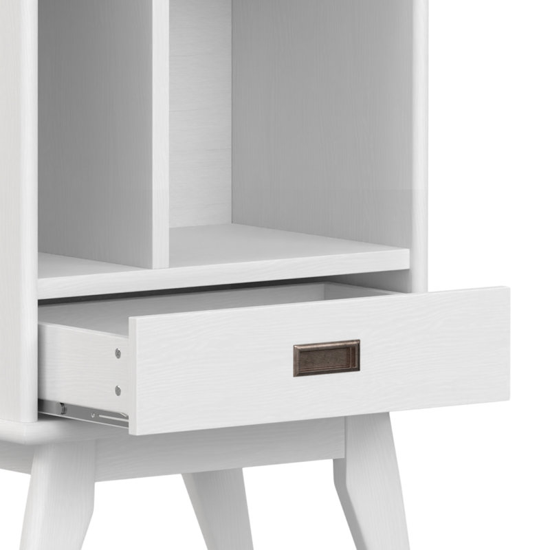 White Solid Hardwood Mid-Century Modern Bookcase with Storage Drawer