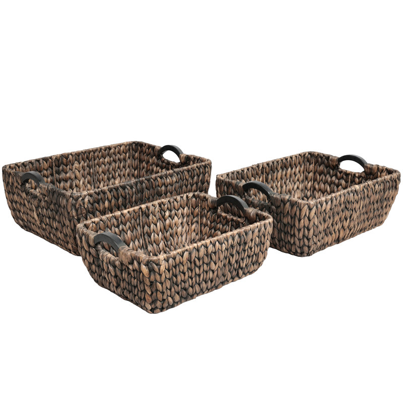 Astor Bohemian Farmhouse Handwoven Water Hyacinth Nesting Storage Baskets with Wood Handles (Set of 3), Brown