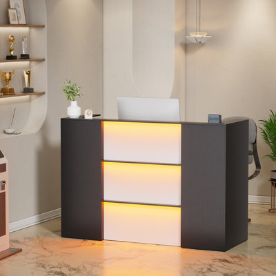 Modern Reception Desk With Led Lights, 63 Inches Front Counter Table With Lockable Drawer & Shelves, Checkout Counter For Reception Room, Lobby, Beauty Salon, Retail, Clinic, Office(black)