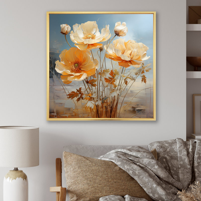 «Peach Buttercups Romantic Impression II», reproduction sur toile, H 16 po x l 16 po, Cadre flottant doré