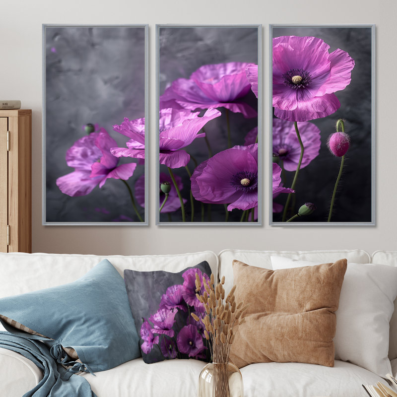 Viraj - coquelicots, ensemble de reproductions d'art mural, H 28 po x l 36 po x P 1 po, Toile argentée avec cadre flottant