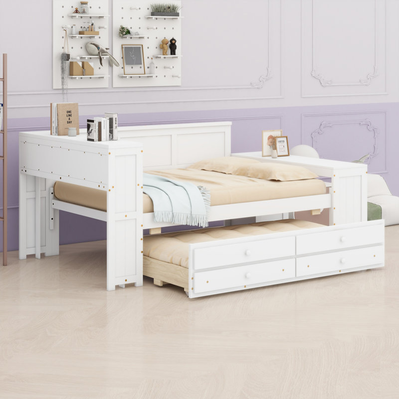 All-In-One Storage Daybed With Trundle, Charging Station, LED Lighting, Integrated Desk And Cabinet, White