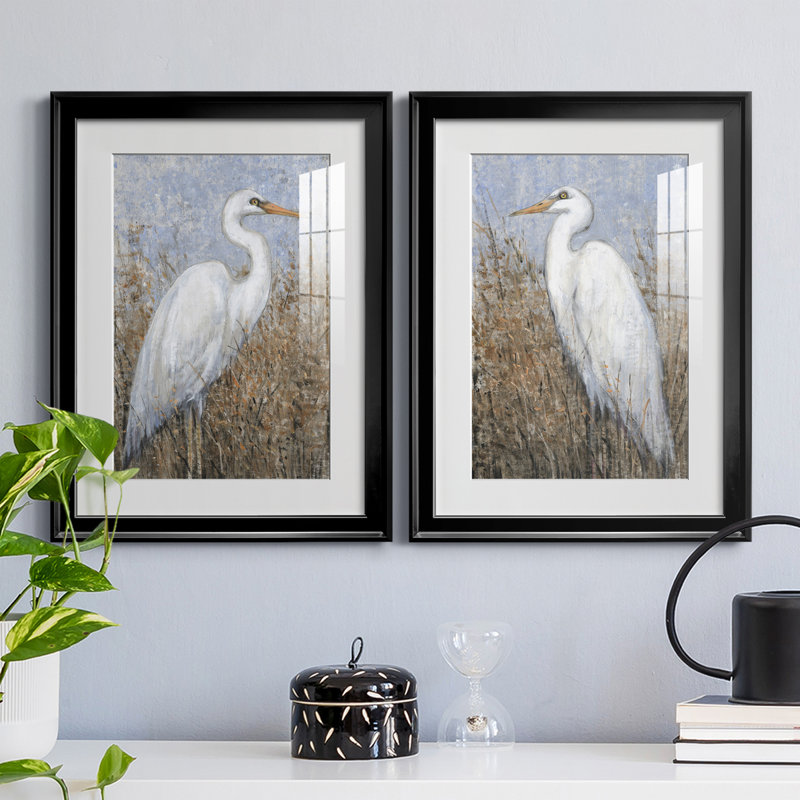 White Heron I, reproduction encadrée de qualité supérieure - prête à être accrochée, Cadre noir, H 30,5 po x l 45 po x P 1 po