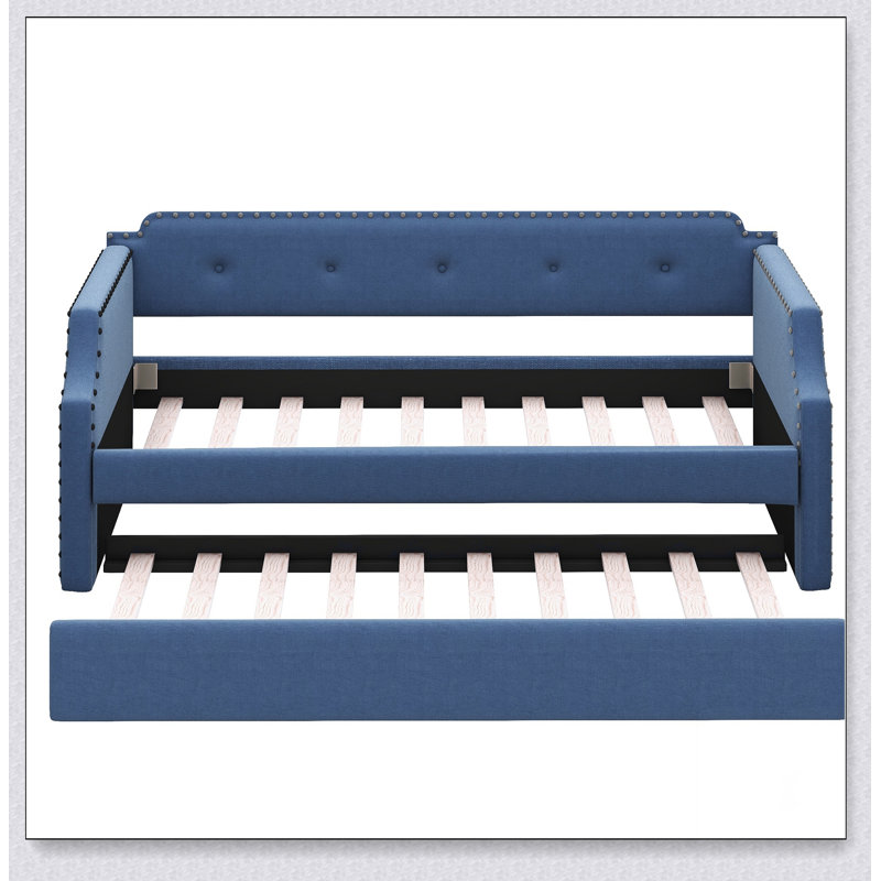 Upholstered Daybed With Trundle, Wood Slat Support,Upholstered Frame Sofa Bed, Blue