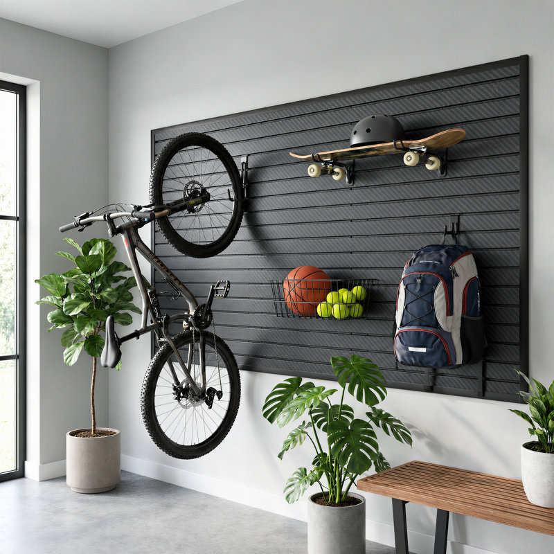 Système de rangement robuste pour garage avec panneaux à lattes de 8 pi x 4 pi en PVC texturé fibre de carbone, Black