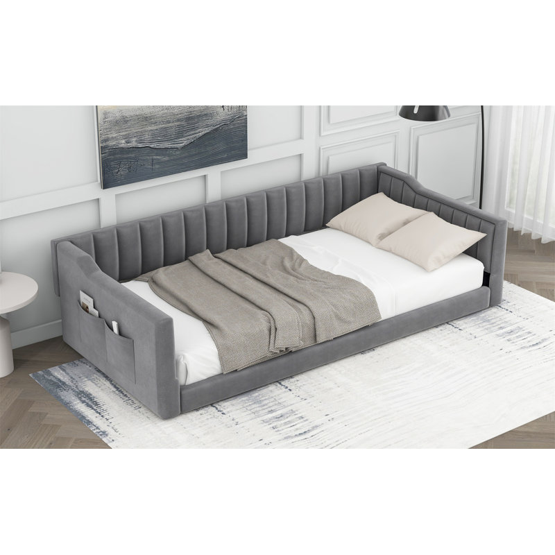 Upholstery Daybed And Side Storage Pocket, Gray, Twin