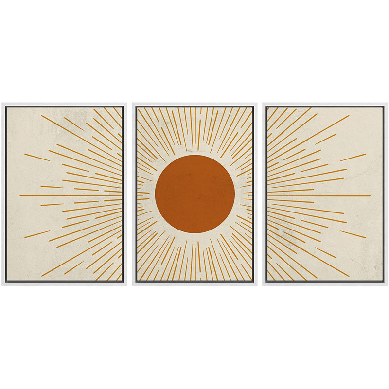 Géométrique, orange brûlé, soleil brillant, astronomie et ciel de l'espace - 3 pièces, cadre flottant, impression sur toile