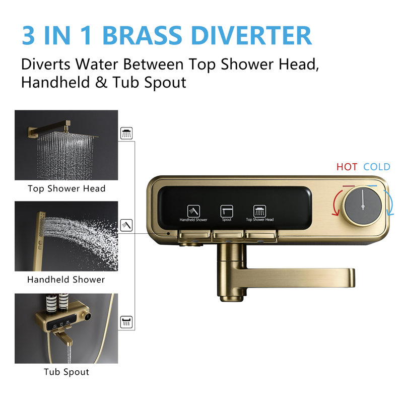 3-Function Rain Shower System, Wall Mount With Foldable Spout，Brusehd Gold , Brusehd Gold