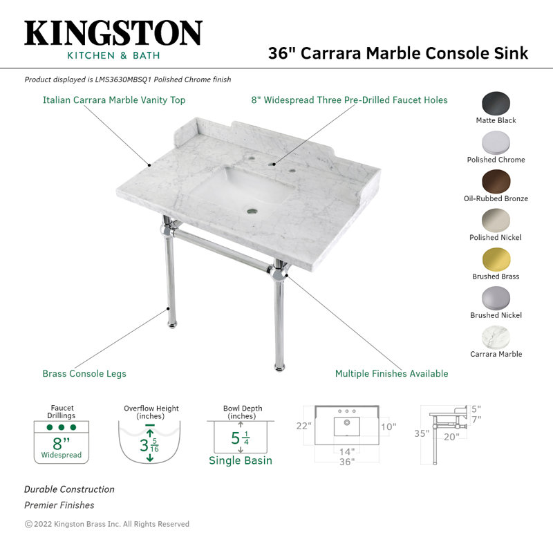 Kingston Brass Pemberton 36-Inch Carrara Marble Console Sink with Brass Legs (8-Inch, 3-Hole), Marble White/Polished Nickel