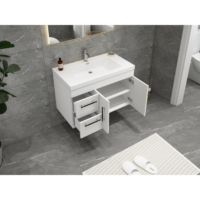 Carliss 35.5 " W Wall Mounted 1 Single Vanity Bathroom Vanity With Acrylic Top, White, Black