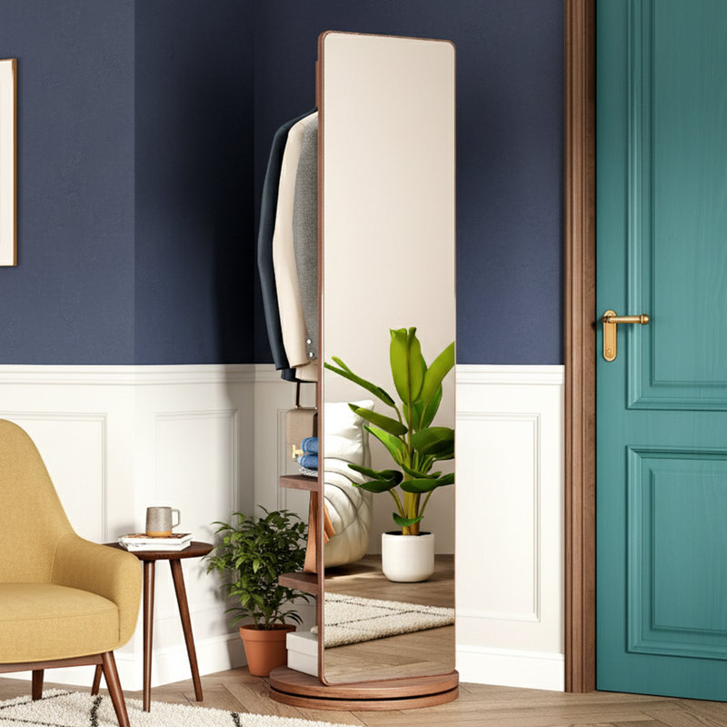 69 Inch Tall Swivel Full Length Mirror with Storage Shelves and Coat Rack Walnut Solid Wood Frame, Brown