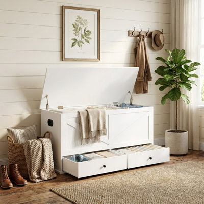 Farmhouse Storage Bench With 2 Fabric Drawers