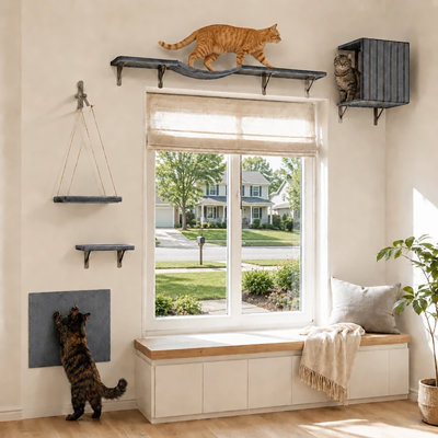 5‑Piece Solid Wood Cat Wall Shelves System, Wall‑Mounted Cat Perch Set with Cat House Cube, Swing & Bridge, Non‑Slip Felt, Heavy‑Duty Metal Brackets, Multi‑Level Cat Furniture, Match wicker storage baskets for shelves & storage basket