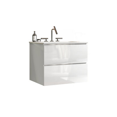 Meuble-lavabo mural blanc brillant TIA de 24 po avec lavabo en céramique avec trois trous de robinet, grand meuble-lavabo flottant pour salle de bain, lavabo une pièce sans drain, pré-assemblé