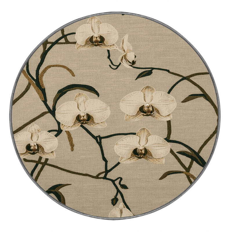 Tapis botanique brun lavable à la machine, Rond 7 pi