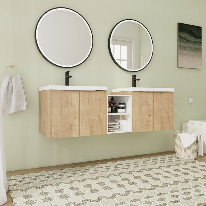 Jinela 59.27'' Double Bathroom Vanity with Resin Top, Light Brown