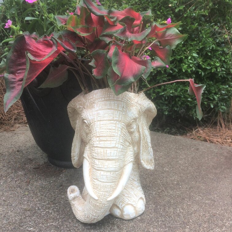 Homestyles 18 in. Antique White Elephant Muggly Mascot Animal Statue Planter Holds A 7 in. Pot