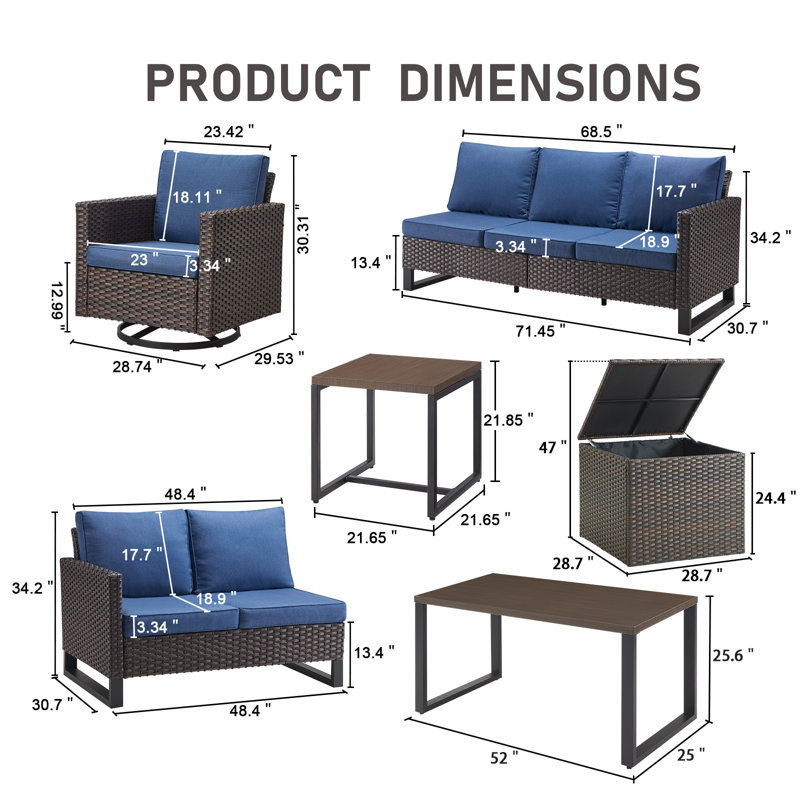 Ingvald 6 Person Outdoor Patio Wicker Conversation Set Group With Swivel Chairs, Bleu