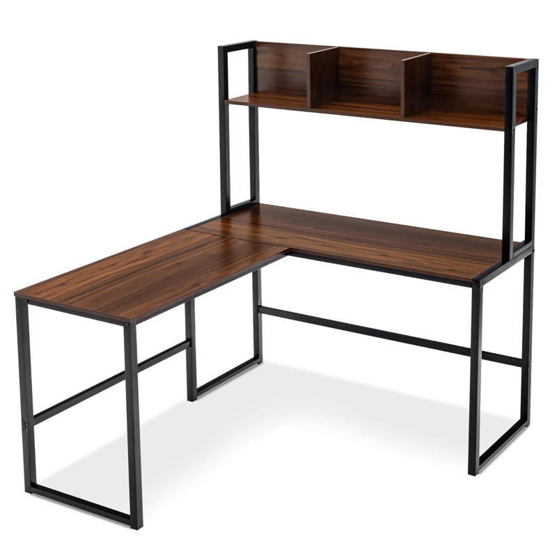L-Shaped Metal Base Computer Desk, Dark Brown