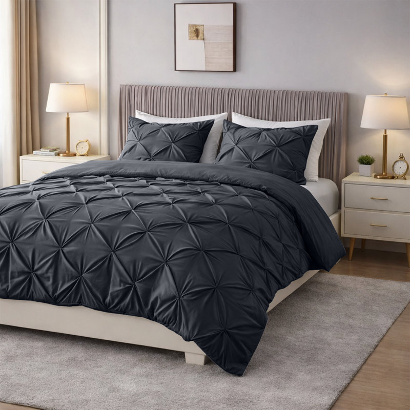Pintuck Microfiber Duvet Cover Set with Pillowcases – Pleated Textured Bedding, Soft Luxury Quilt Cover, Breathable All-Season Comforter Cover, Modern Hotel Style Bed Set