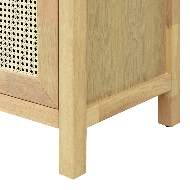 Bohemian Style Rattan Buffet Storage Cabinet With Solid Wood Frame, Sideboard With 3-Position Adjustable Shelves, No-Handle Push-To-Open Design