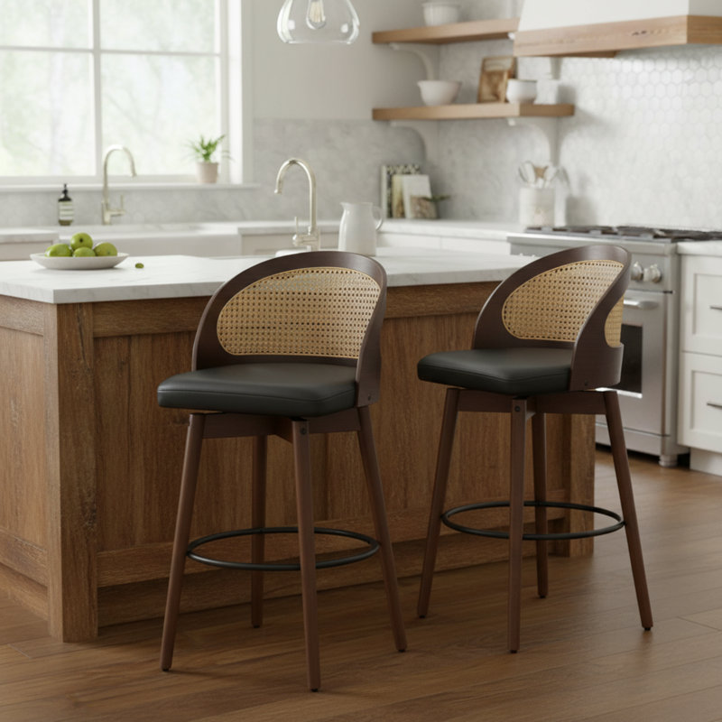 Ensemble de 2 tabourets de bar d'intérieur en bois avec dossier en rotin Roomfitter Como, finition noyer foncé et siège en polyuréthane noir