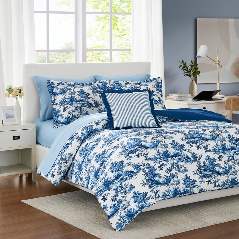 Modern Threads Printed Complete Bed Set - Shaya Toile Design, Full Comforter + 7 Additional Pieces