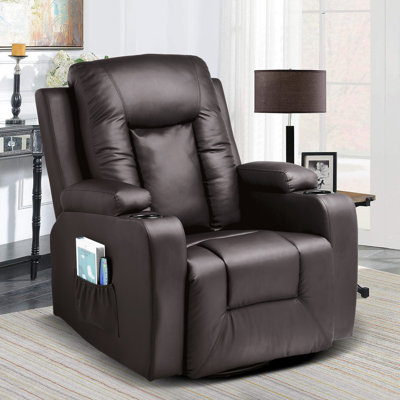 COMHOMA Leather Recliner Chair Rocker With Heated Massage Ergonomic Lounge 360 Degree Swivel Single Sofa Seat Drink Holders Living Room Chair -  WAY(US)-H7134P-BRO