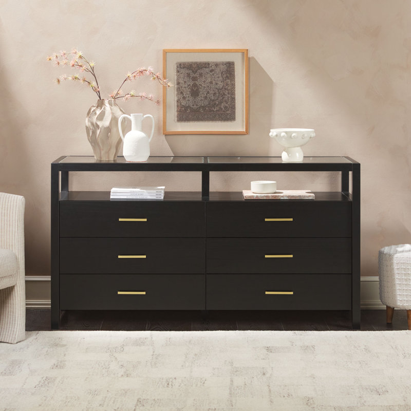 Modern Solid Wood EZ Assembly 6 Drawer Dresser with Glass Top, Black