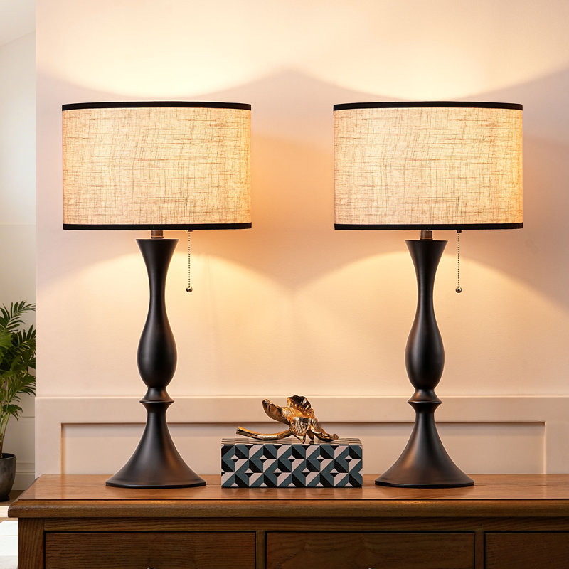 Black Metal Table Lamp With Linen Shade, 27-Inch Hepburn Vintage Style With Pull Chain (2 packs)