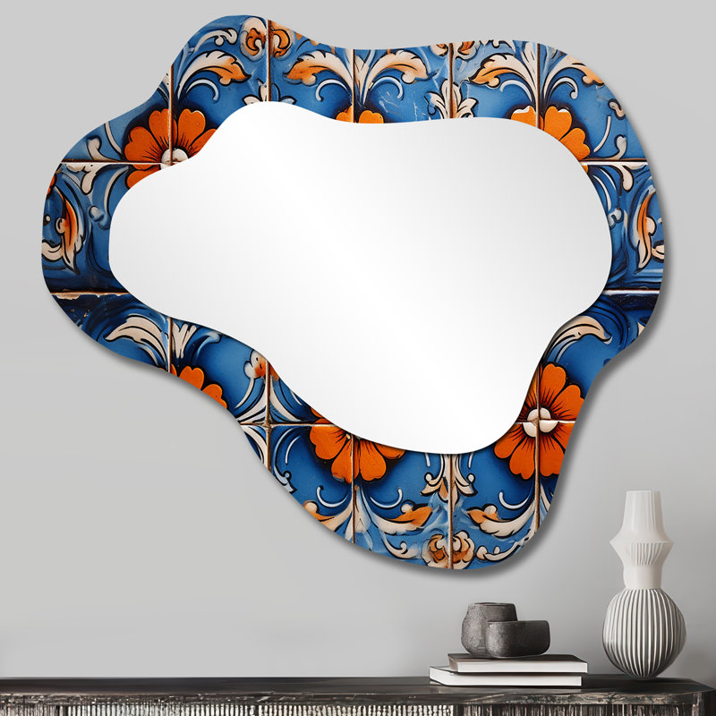 Motif floral bohème bleu et orange mosaïque 3 - miroir décoratif asymétrique mosaïque boho, 25 po x 28 po