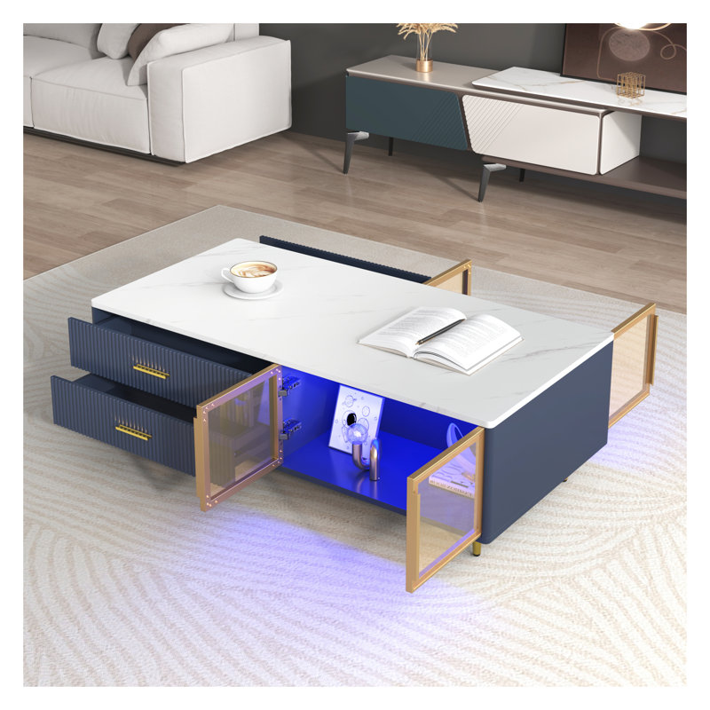 Table basse moderne bleu marine avec 4 tiroirs, 2 portes de rangement en verre, pieds en métal doré et éclairage DEL multicolore - centre de table de salon de 47,2 pouces