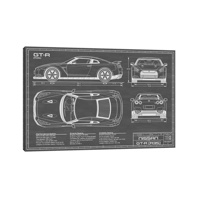 Ligne d'horizon de la NISSAN GT-R (R35) | «Black» par Action Blueprints, impression sur toile tendue