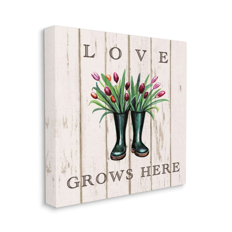 «Love Grows Here Expression Rainboot Tulipes Bouquets» par Elizabeth Tyndall - impression d'art graphique, H 36 po x l 36 po